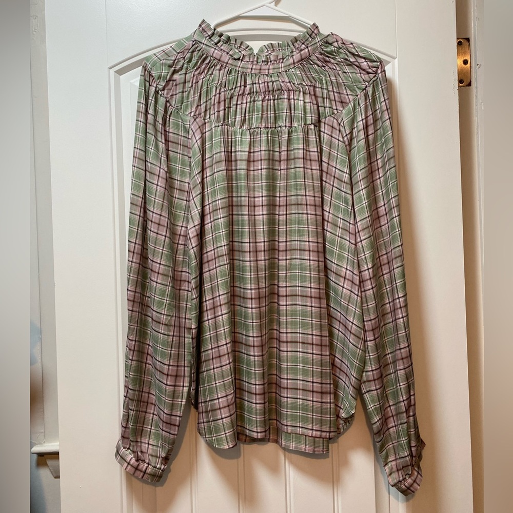 Loft Plaid Ruffle Neck Blouse